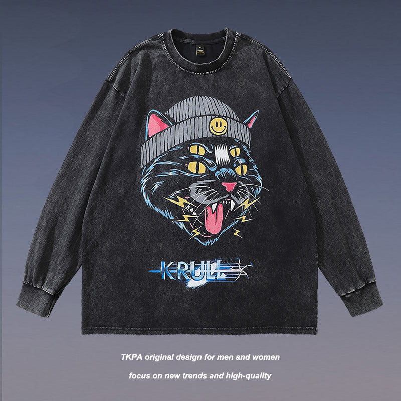 Men Long Sleeve Shirt Street Retro Cartoon Printed Distressed Long Sleeve T-shirt for Men and Women