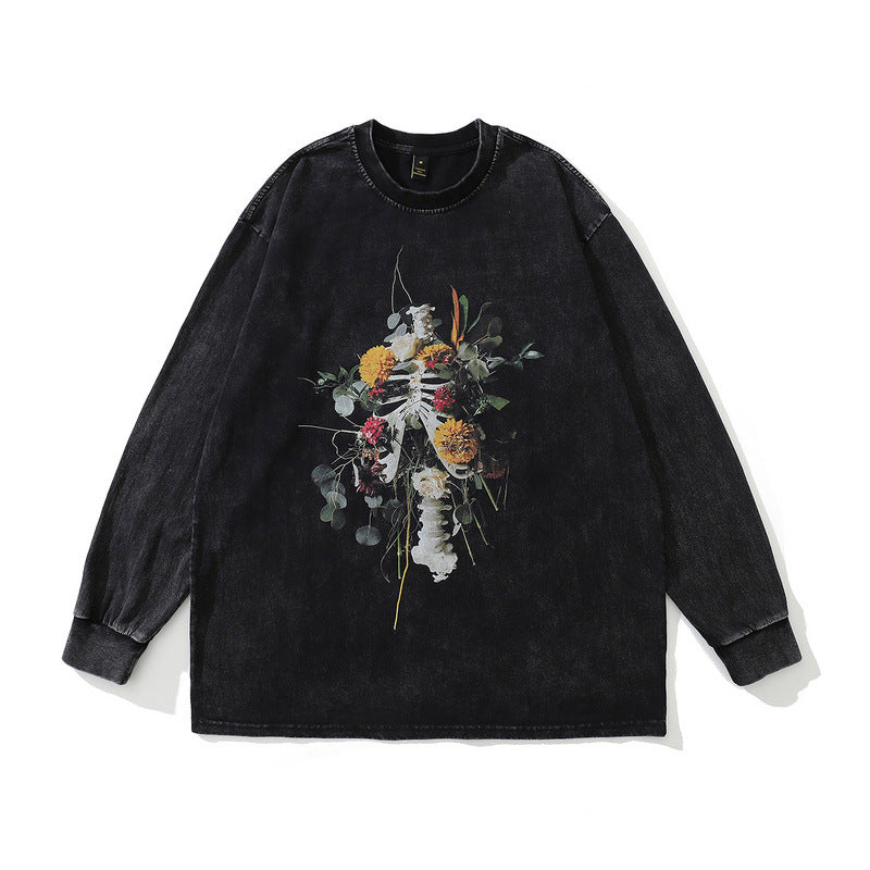 Men Long Sleeve Shirt Retro Worn Looking Washed-out Long Sleeve T-shirt Men and Women Loose Ins