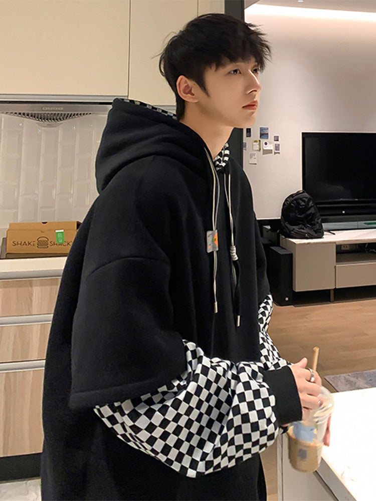 Men Hoodie Sweater Men's Spring and Autumn Stitching Design Sense Retro Hooded Coat