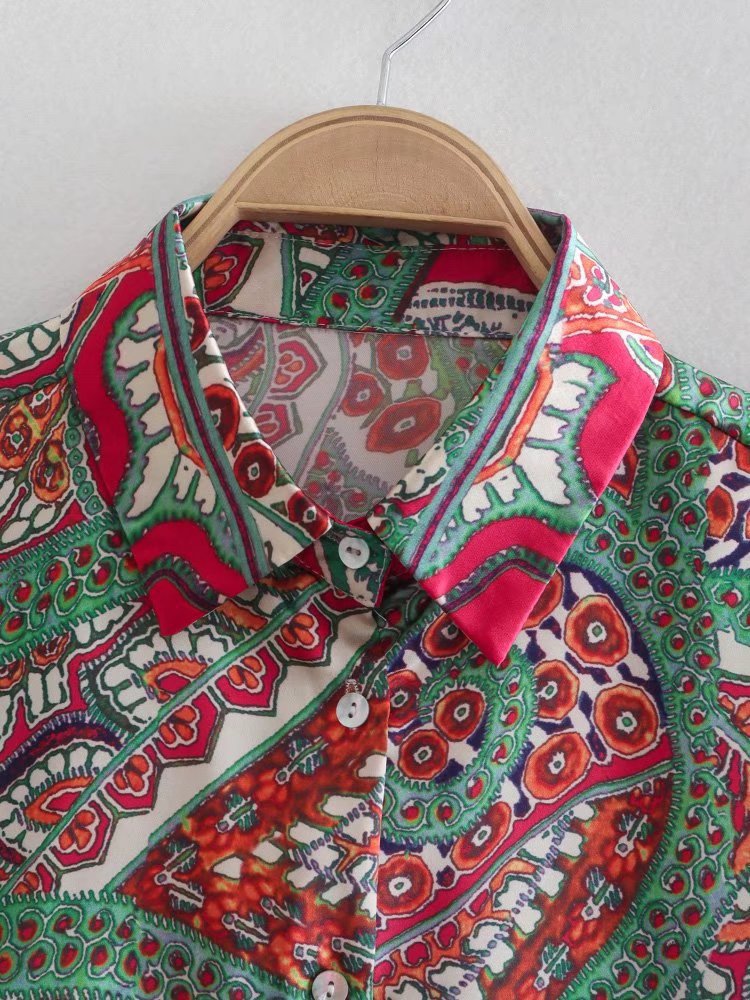 Women T-Shirt Women's Autumn Loose Printed Long-Sleeved Shirt Polo Collar Top