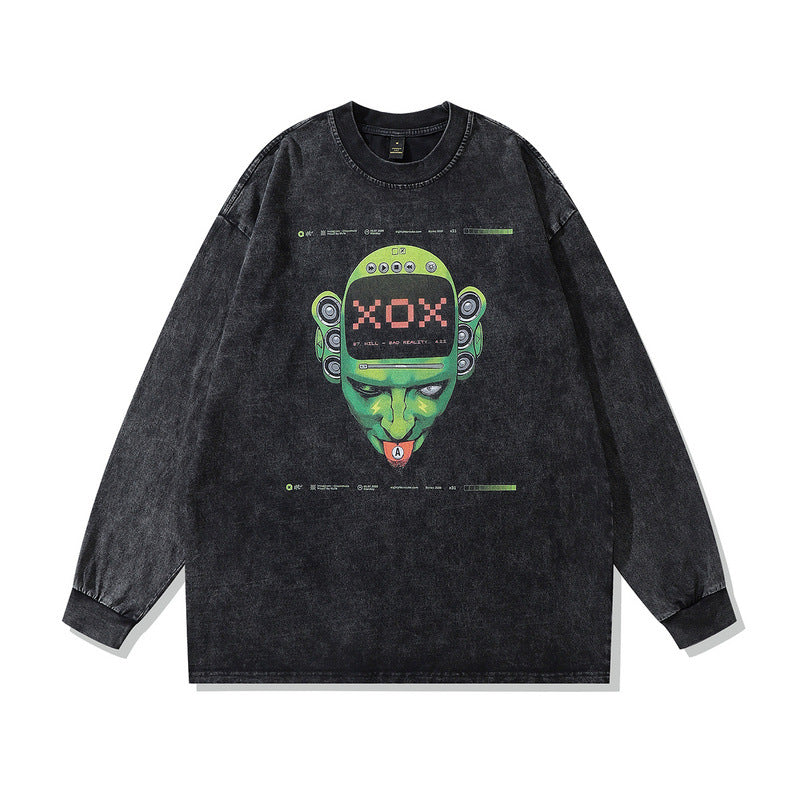 Men Long Sleeve Shirt Retro Dark Niche Washed Long Sleeve T-shirt Men's and Women's Bottoming Top