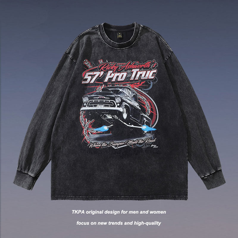 Men Long Sleeve Shirt Racing Printed Washed Long Sleeve T-shirt Men and Women Hiphop